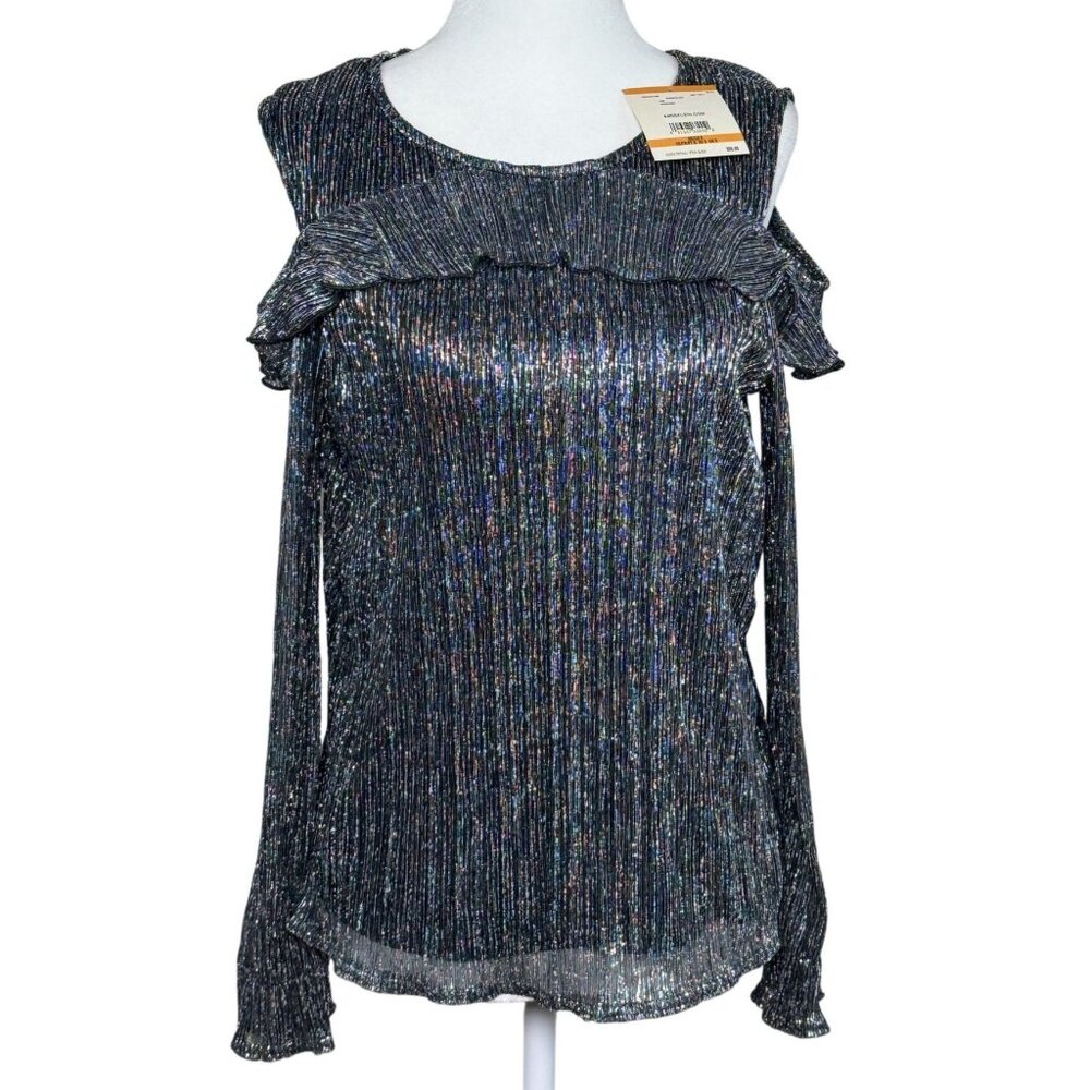 NEW Anne Klein Size S Metallic Black & Silver Cold-Shoulder Top Sleeve Ruffle